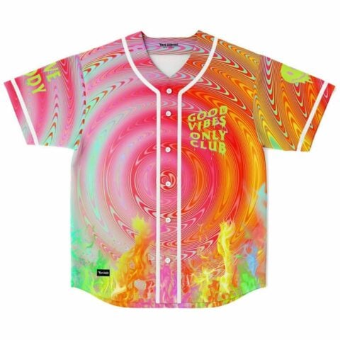Hot pink hypnotic swirl baseball jersey with neon flames and Good Vibes Only Club text