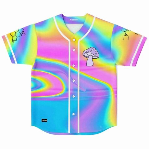 Rainbow holographic rave baseball jersey with purple mushroom graphic and molecule sleeve prints, front view