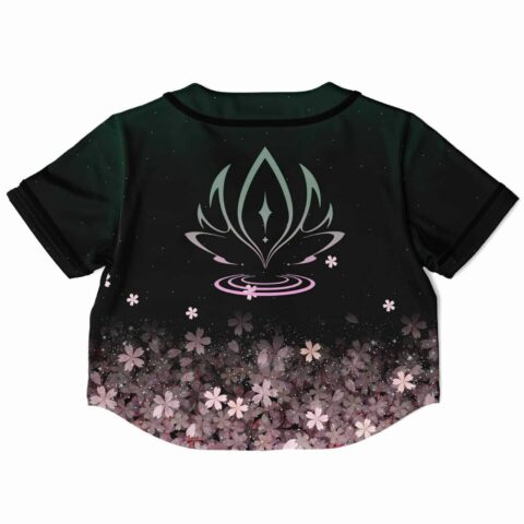 Back view of the black rave cropped baseball jersey with floral gradient design