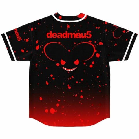 Back view of black jersey showing deadmau5 text above red splatter mouse head graphic