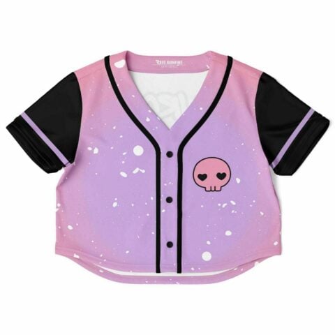 Rave cropped baseball jersey with a pink and purple gradient and skull design
