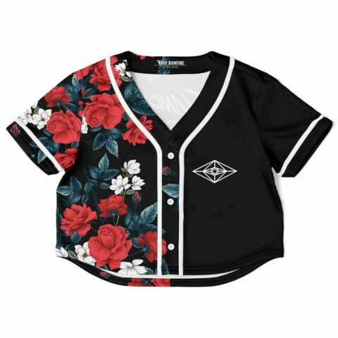 Black rave cropped baseball jersey with a red floral design and geometric accents