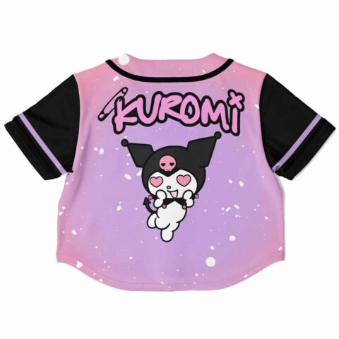 Back view of the rave cropped baseball jersey with a cute character graphic in pink and purple