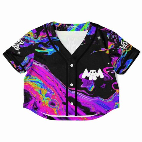 Rave cropped baseball jersey with a psychedelic swirl design in vibrant colors