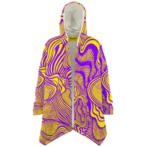 Purple and yellow swirling contour hooded rave cloak front view on white background