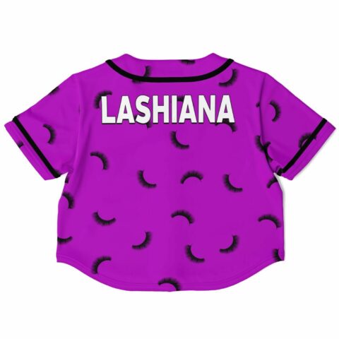 Back view of the purple rave cropped baseball jersey with bold text design