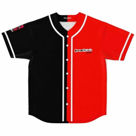 Split black and red rave baseball jersey with phantom thieves chest print front view