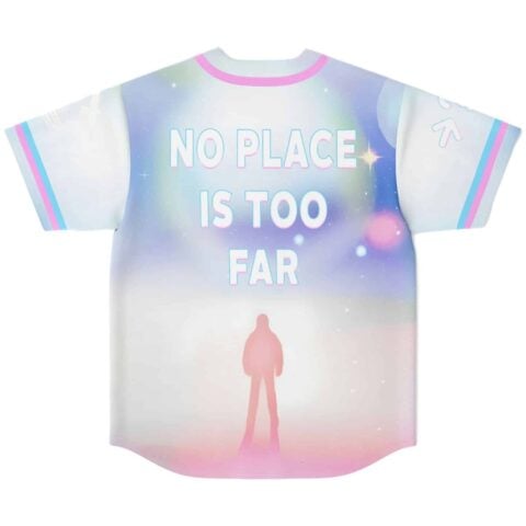 Ethereal cloudy jersey back print reading no place is too far above a glowing silhouette