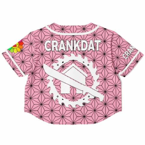Back view of the pink rave cropped baseball jersey with bold text and a graphic emblem