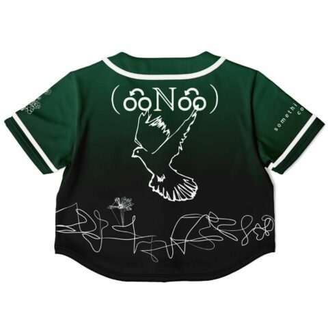 Black and green rave cropped baseball jersey with a bird illustration and line art