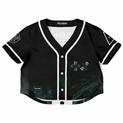 Black rave cropped baseball jersey with a vibrant graphic and bold design