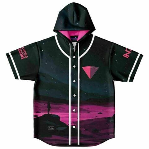 Dark teal hooded baseball jersey with lone figure on pink cliff design, front view