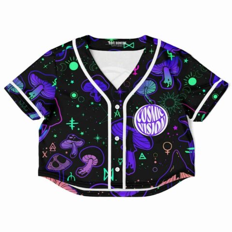 Vibrant rave cropped baseball jersey with cosmic and mushroom-inspired design