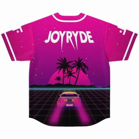 Pink sunset synthwave print on jersey back with palm trees and retro car