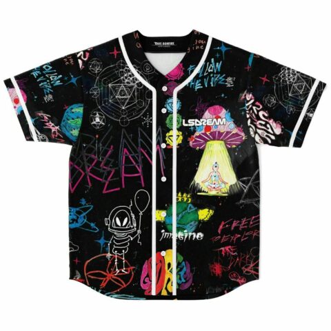 Front view of black doodle baseball jersey with LSDREAM graphic and meditating alien mushroom design
