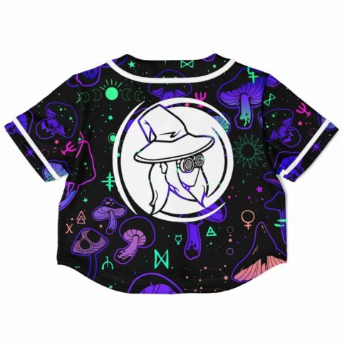 Back view of the rave cropped baseball jersey with wizard-inspired graphic and mystical patterns