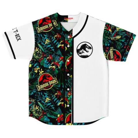 Front view of dinosaur-themed tropical jungle rave baseball jersey with reptile emblem patch and leaf