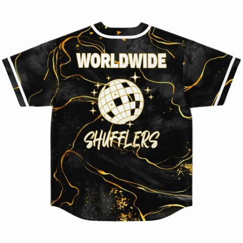 Black and gold rave baseball jersey with globe design, back view