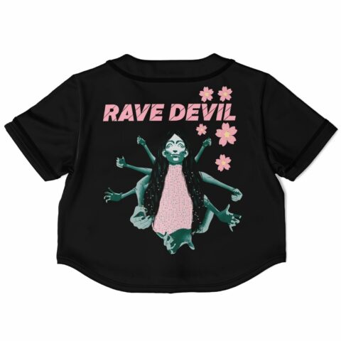 Back view of the pink floral rave cropped baseball jersey with a multi-armed character and text