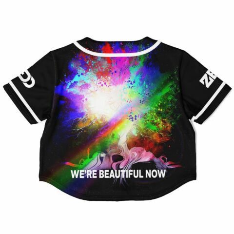 Back of the black rave cropped baseball jersey with a colorful abstract design