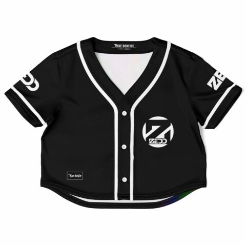 Black rave cropped baseball jersey with white accents and a logo