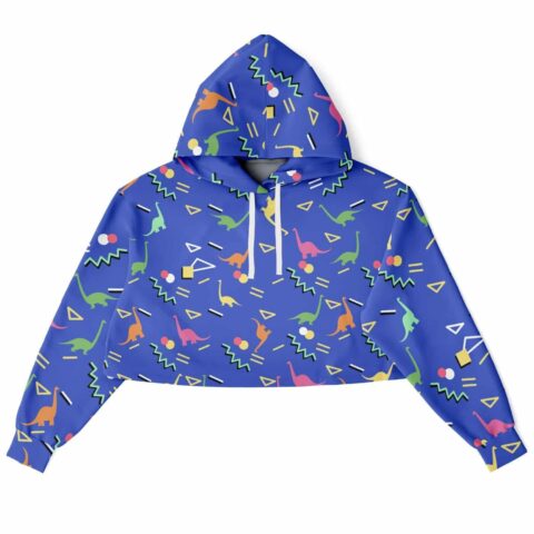 Rave cropped hoodie with colorful dinosaur patterns on blue background