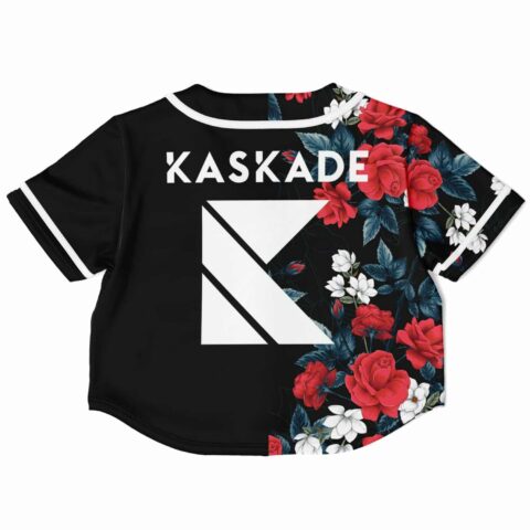 Back view of the rave cropped baseball jersey with floral design and text detail