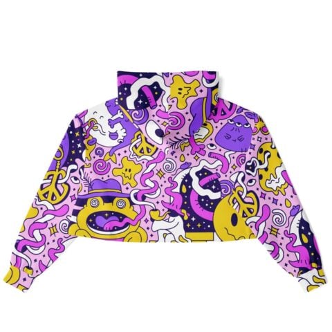 Back view of trippy doodle rave cropped hoodie with whimsical purple and pink patterns