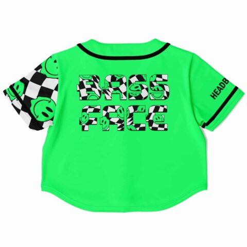 Back view of the rave cropped baseball jersey with checkerboard pattern text design