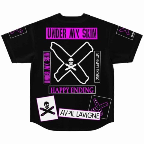 Black punk collage rave jersey back view with X skull crossbones and stacked text patches