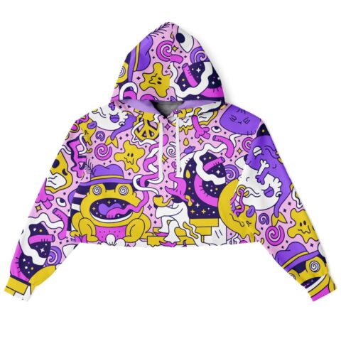 Colorful trippy doodle rave cropped hoodie with purple and yellow doodle patterns