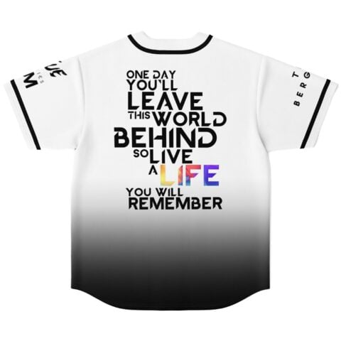 Back view of rave baseball jersey with bold black lettering tribute quote across shoulders