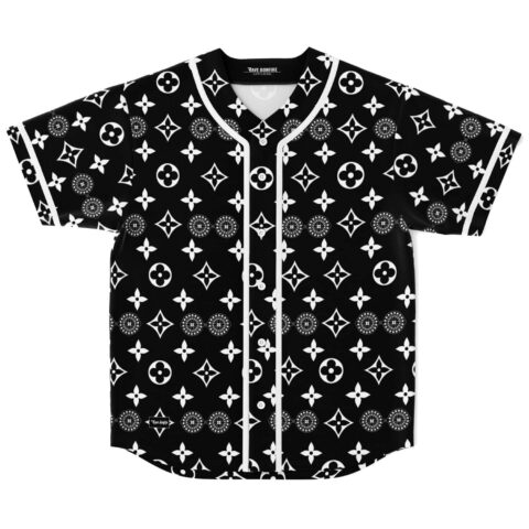Black hand and eye rave baseball jersey with white geometric patterns, front view