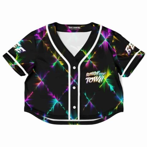 Rainbow starburst pattern and text on a rave cropped baseball jersey
