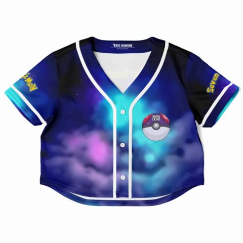 Vibrant rave cropped baseball jersey with galaxy-inspired background graphics