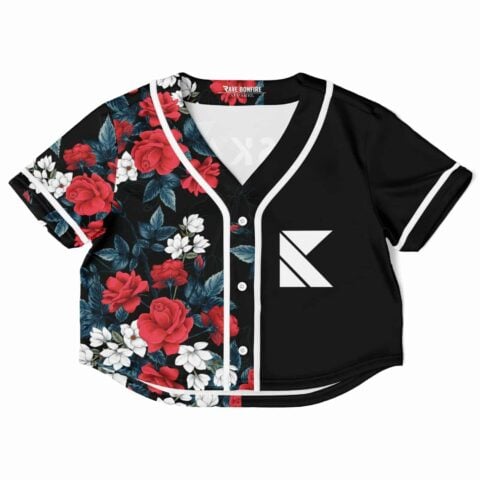 Floral and black rave cropped baseball jersey with a front logo