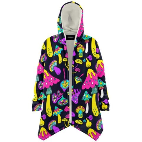 Neon psychedelic mushroom print draped cloak hoodie with sherpa lined hood, front view open