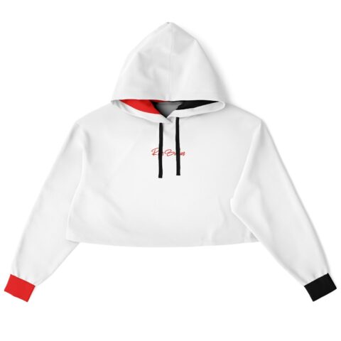 Front view of white rave cropped hoodie with colored sleeve accents