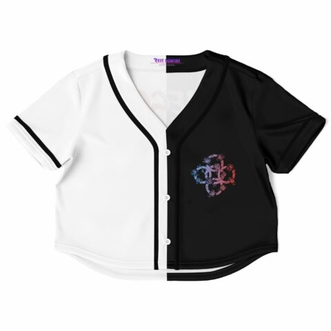 Alesso fan rave cropped baseball jersey with a black and white split and floral graphics