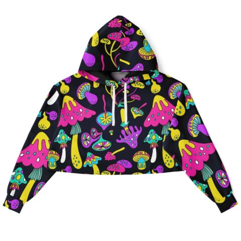 Acid mushroom rave cropped hoodie in black with a colorful mushroom pattern