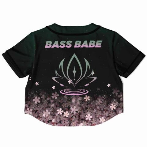 Back view of the black rave cropped baseball jersey with BASS BABE text and lotus graphic