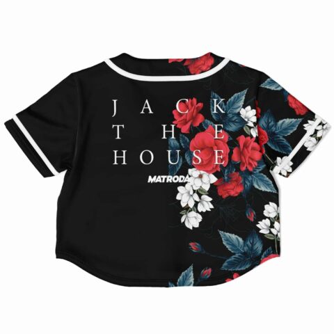 Back view of the rave cropped baseball jersey with floral accents and text