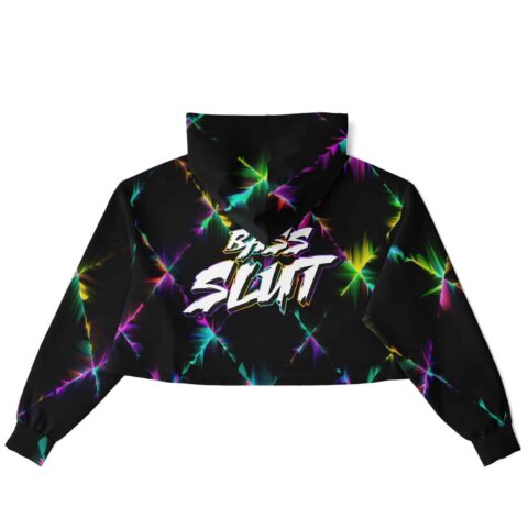 Back view of the black neon starburst rave cropped hoodie with bold lettering