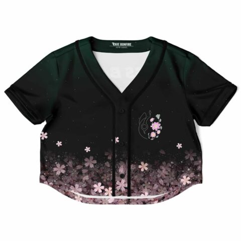 Black rave cropped baseball jersey with floral and sparkle design