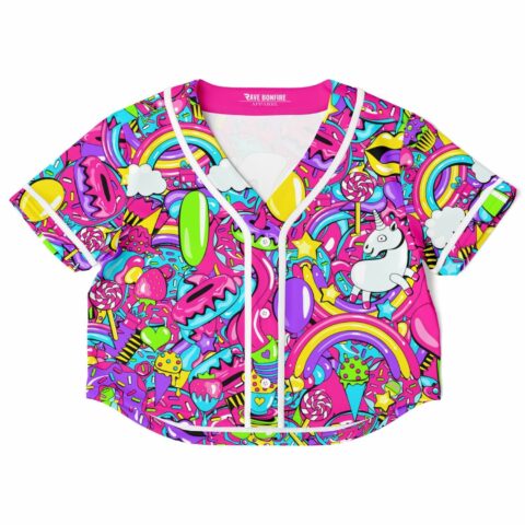Bright pink Good Vibes rave cropped baseball jersey covered in candy, unicorns and rainbows