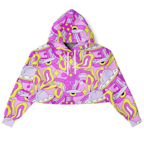 Sending smiles rave cropped hoodie with a pink and yellow trippy smiley pattern