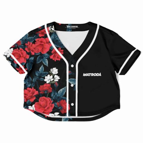 Red roses and a black floral design on the rave cropped baseball jersey
