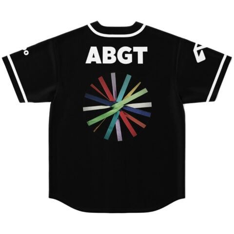 Black white trim rave baseball jersey with colorful design element, back view
