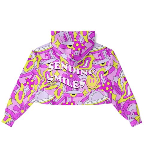Back view of the sending smiles rave cropped hoodie with Sending Smiles lettering