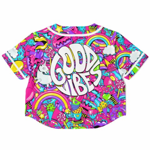 Back of the pink rave cropped baseball jersey with GOOD VIBES in bubble letters